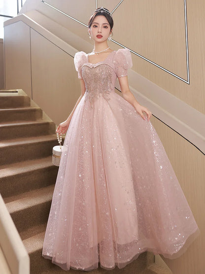 Pink Sequin Evening Dress Elegant Appliques Floor-Length Pearl Beading Prom Party Gown Princess Bubble Sleeve Vestido De Festa