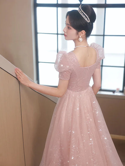 Pink Sequin Evening Dress Elegant Appliques Floor-Length Pearl Beading Prom Party Gown Princess Bubble Sleeve Vestido De Festa