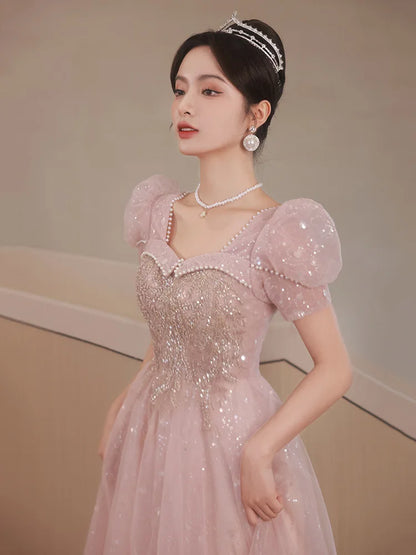 Pink Sequin Evening Dress Elegant Appliques Floor-Length Pearl Beading Prom Party Gown Princess Bubble Sleeve Vestido De Festa
